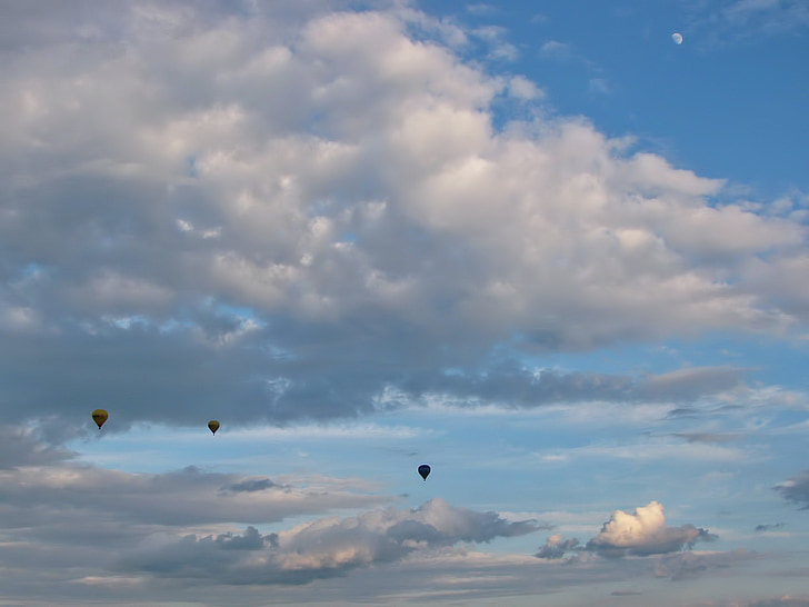 balon udara panas, naik, balon, langit, awan, bulan, cakrawala