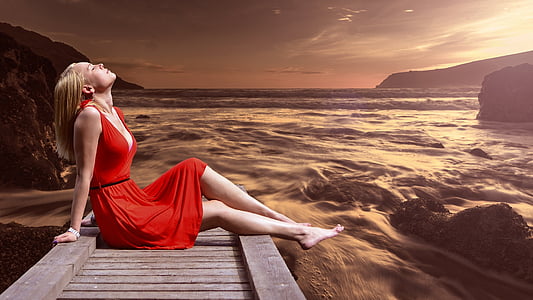 Spa, meditação, modelo, vermelho, vestido, Rio, sol