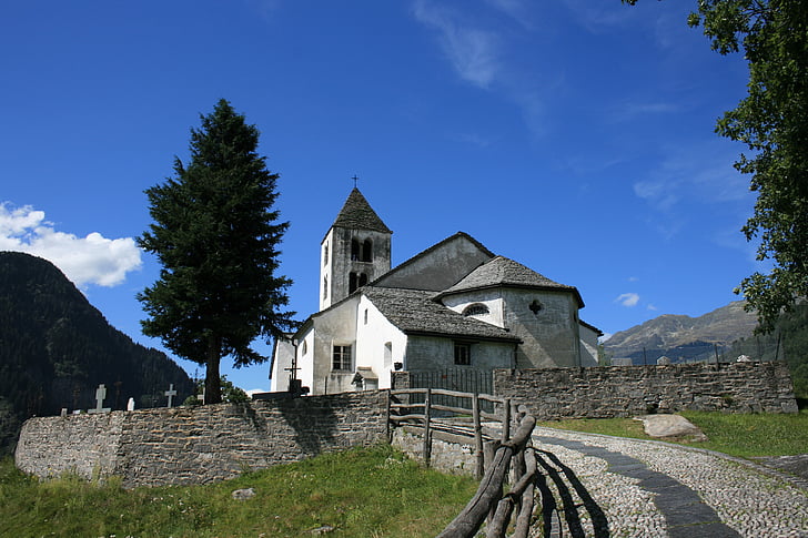 kostel, hřbitov, Ticino, Bergdorf, pryč, strom, modrá