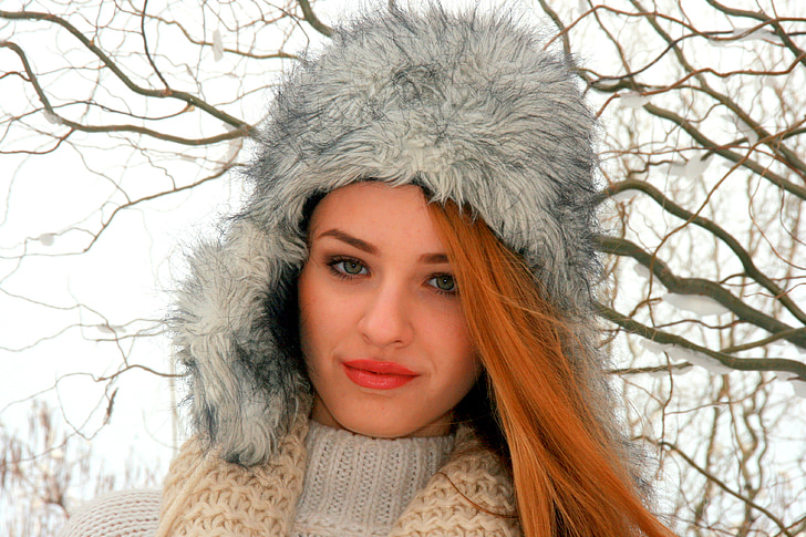 girl, portrait, green eyes, blonde, hat, winter