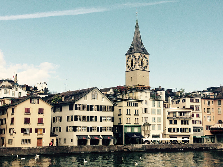 Zurich, limmath, upes, baznīca, debesis, Svētā Pētera baznīca, Šveice