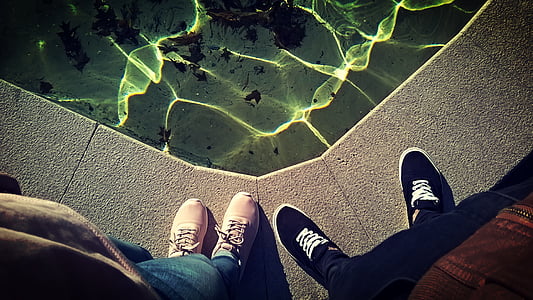 two, person, standing, edge, body, water, shoe