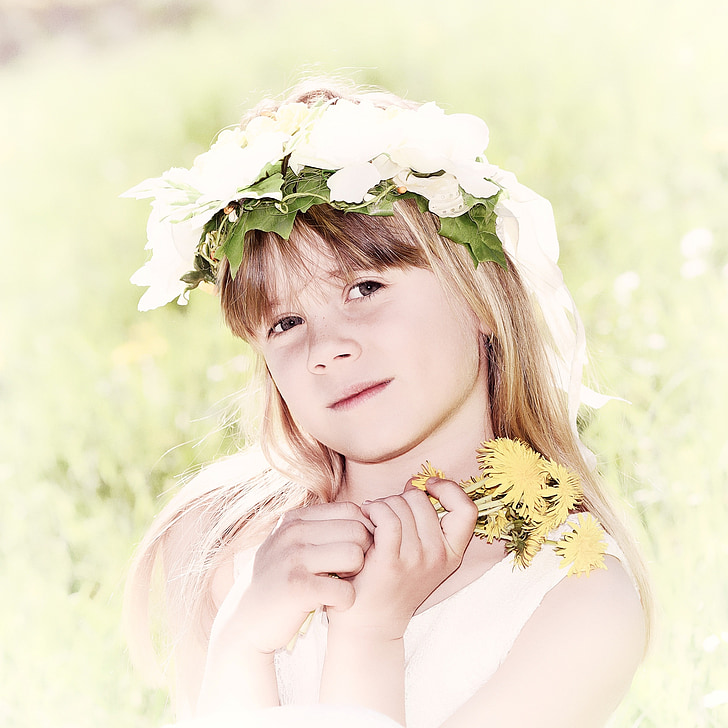 human, child, girl, blond, face, flowers, meadow