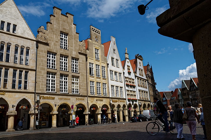 arcades, münster, architecture, building, old town, archways, city