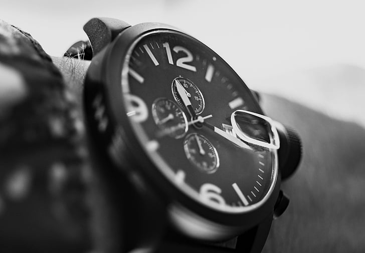 poignet, montre, noir et blanc, minute, temps, montre-bracelet, horloge