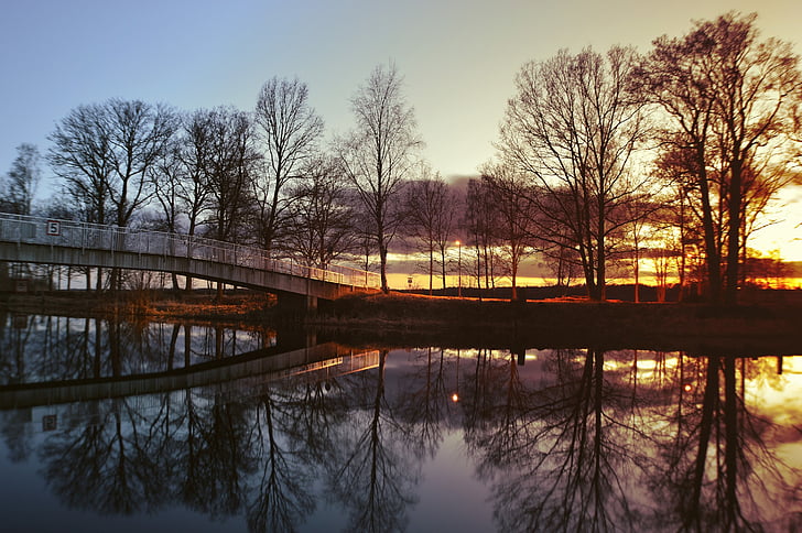 bridge, dawn, dusk, environment, evening, fall, lake