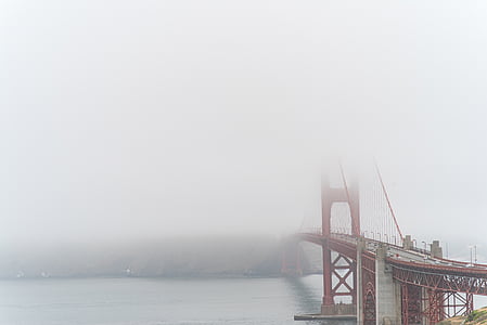 bridge, cars, fog, golden gate bridge, lake, mist, river