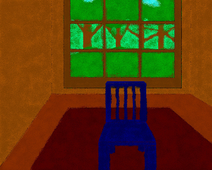 blue, chair, empty, room, painting, teddy, window