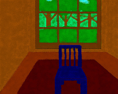 sininen, tuoli, tyhjä, huone, maalaus, Teddy, ikkuna