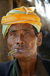 burma, man, cigar, turban, myanmar, look, people