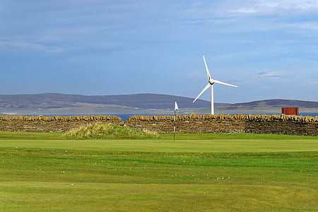 golf, golf course, green, flag, wind turbine, wall, scenic