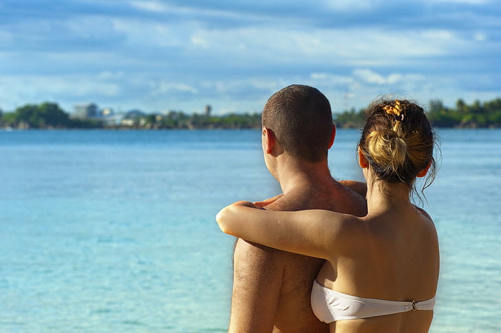 adult, affection, back view, beach, beautiful, couple, embrace