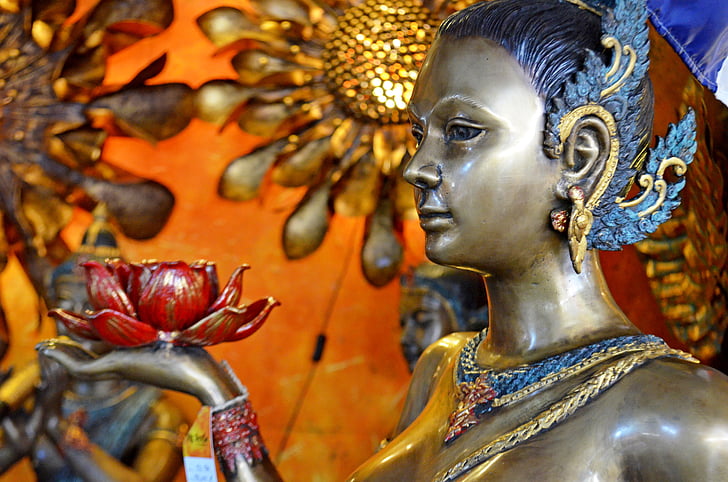 jente, bronsestatuer, klokker, statuen, Asia, Buddha, buddhisme