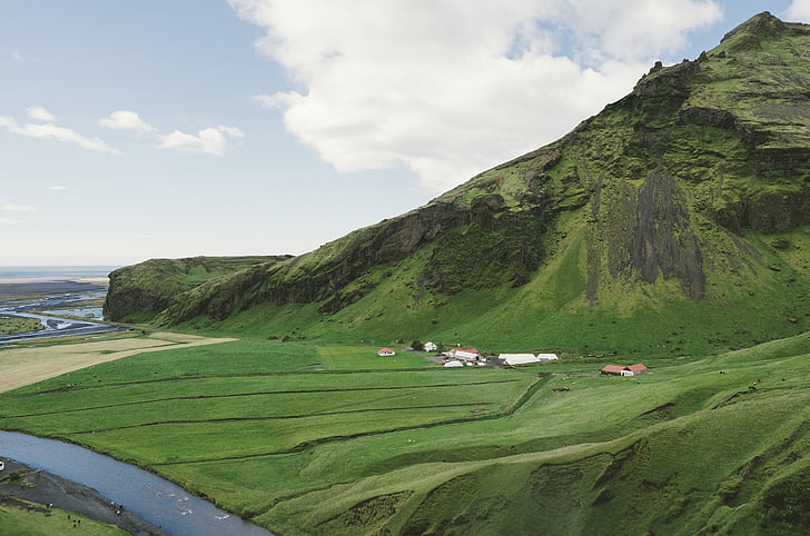 vert, herbe, montagne, Islande, champs, vallées, pays