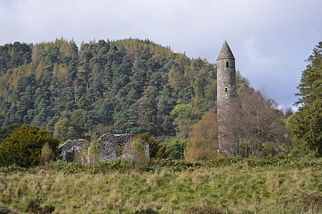 Glendalough, ainava, akmens, tornis, klosteris, meži, vecais