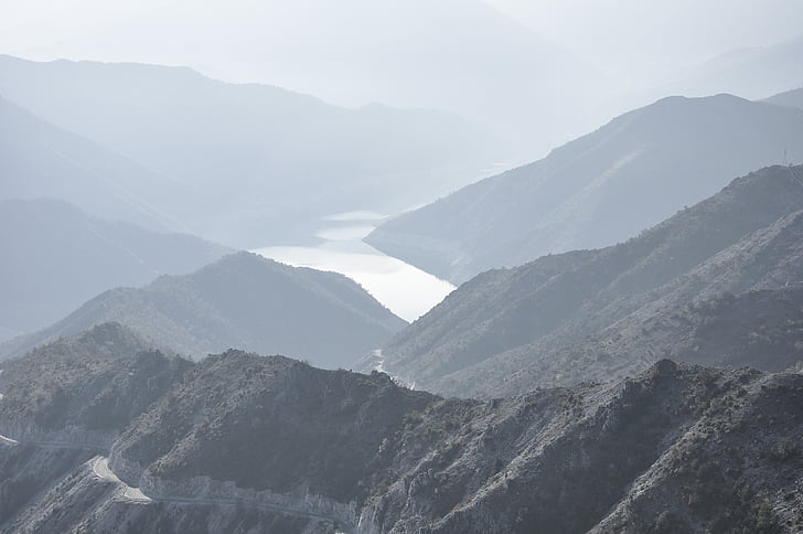 gray, mountain, beside, body, water, highland, ridge