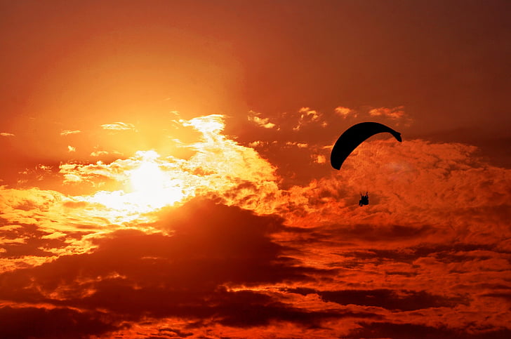 zalazak sunca, narančasta, Sunce, padobransko jedrenje, padobran, nebo, klima
