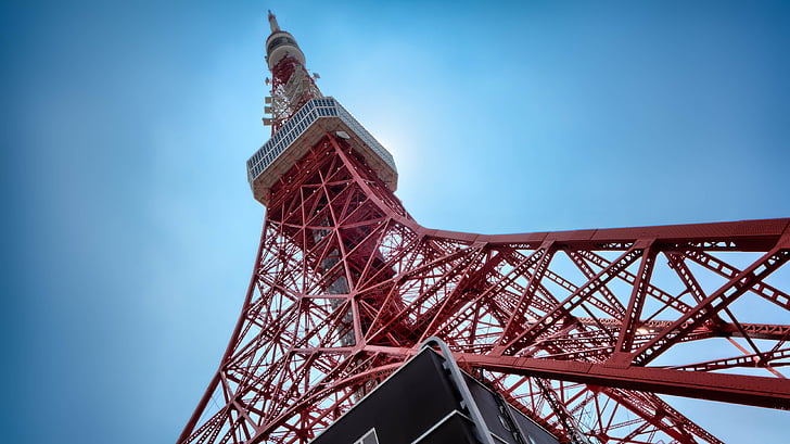 architecture, high, low angle shot, perspective, tokyo tower, tower, travel destinations