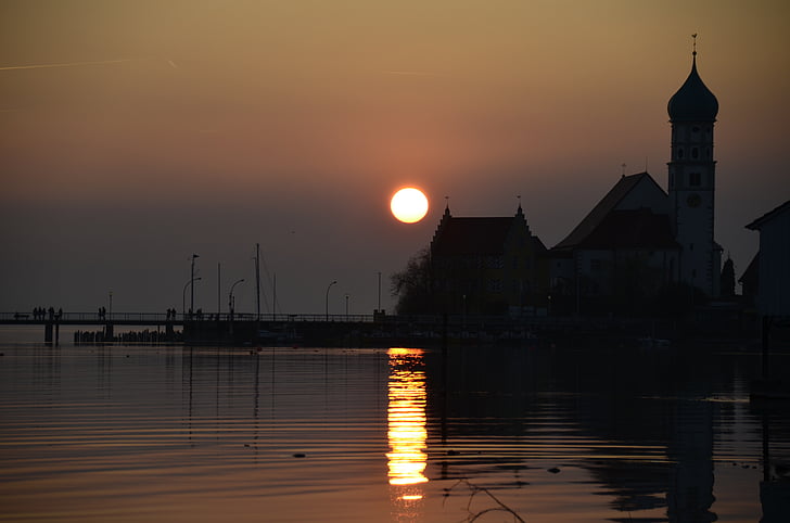 Lago de Constança, sol, pôr do sol, noite, Verão, Wasserburg, Lago