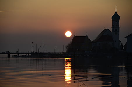 Bodamské jazero, slnko, západ slnka, večer, letné, Wasserburg, jazero