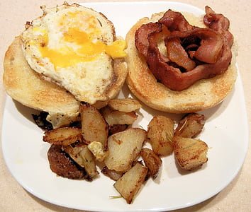bacon, egg, potatoes, toast, breakfast food, food, plate