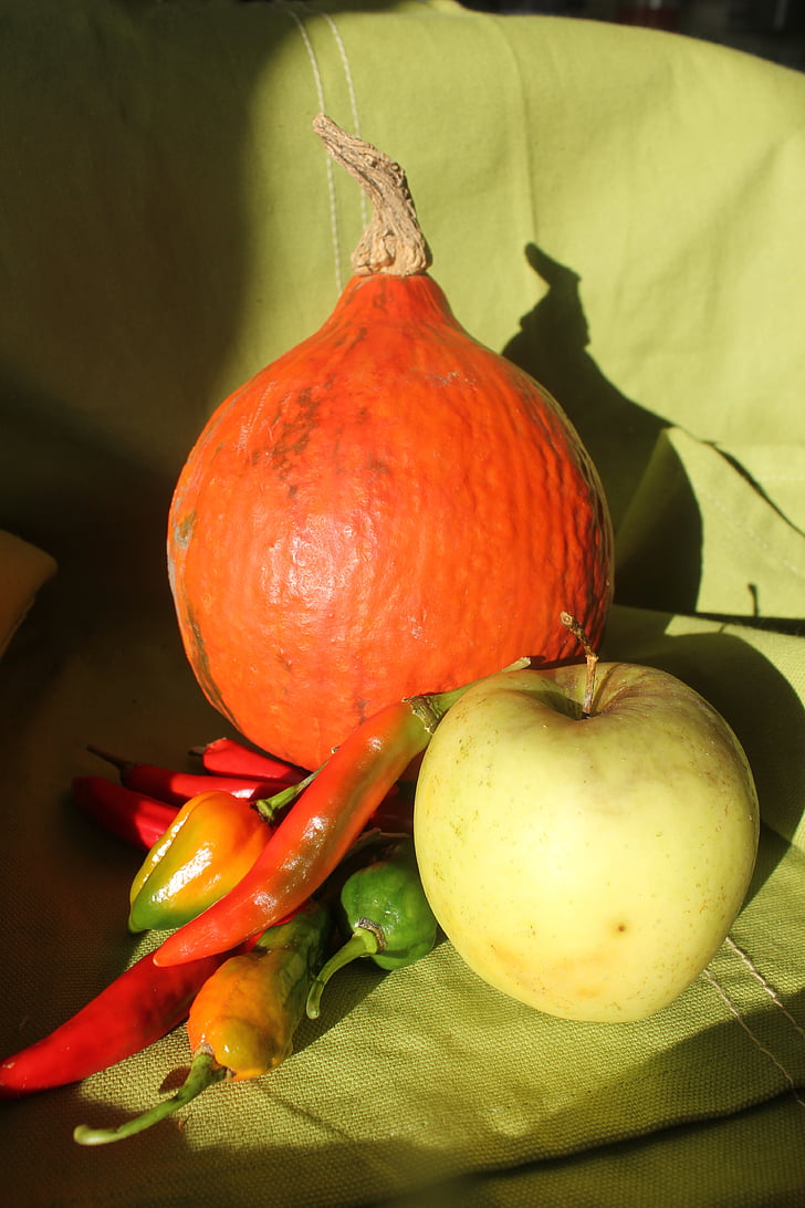 pumpkin, apple, fruits, autumn, decoration, pepper, chilli