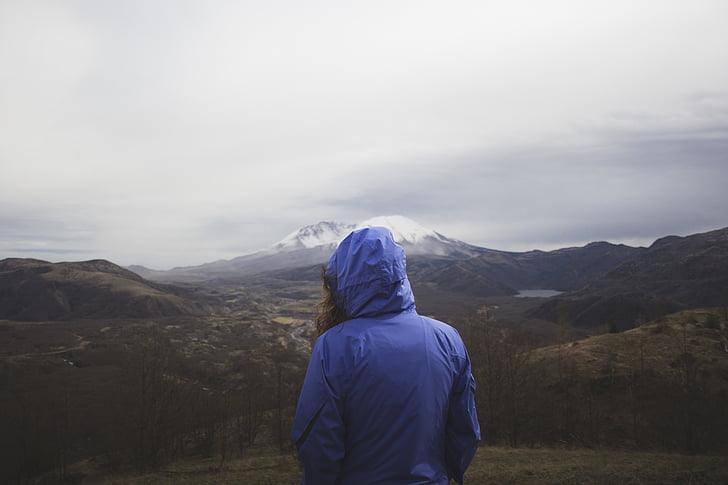 person, wearing, blue, hoodie, top, mountain, day