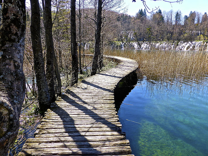 plitvice, boardwalk, lake, croatia, natural, park, nature