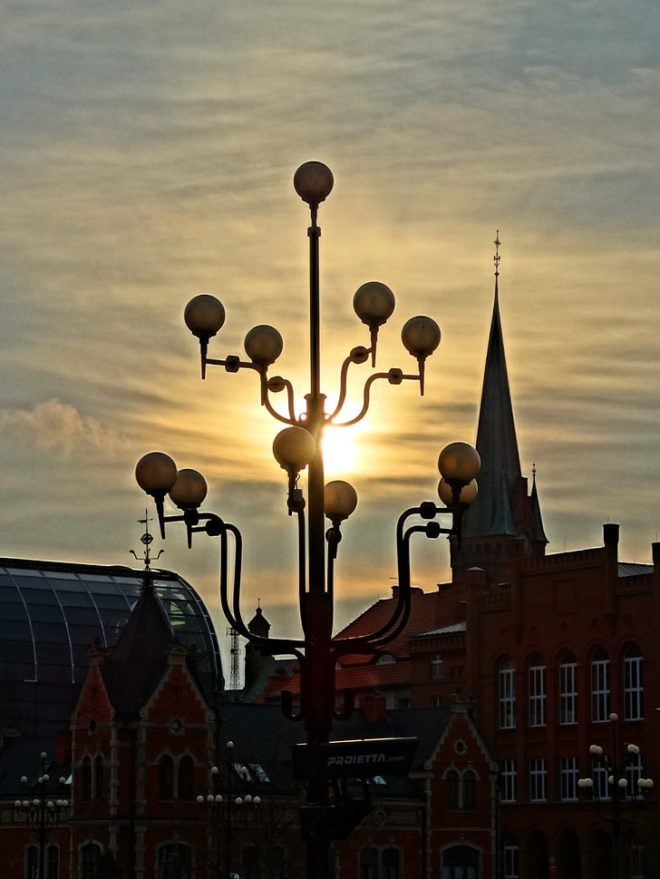 bydgoszcz, embankment, lantern, silhouettes, sunrise, urban, church