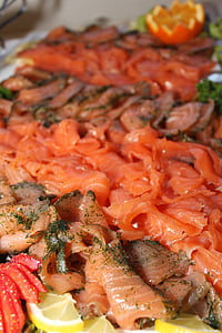lėkštė žuvis, šalti savitarnos, švediškas stalas, žuvis, lašiša, valgyti, maisto