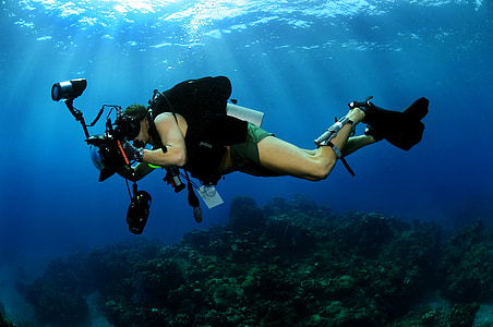 Podvodni fotograf, vojne, tijekom, ronjenje, oprema, fotografije, vode