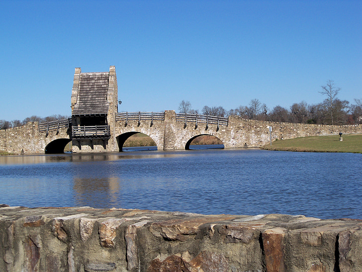 bridge, water, park, medieval, stone, sky, blue