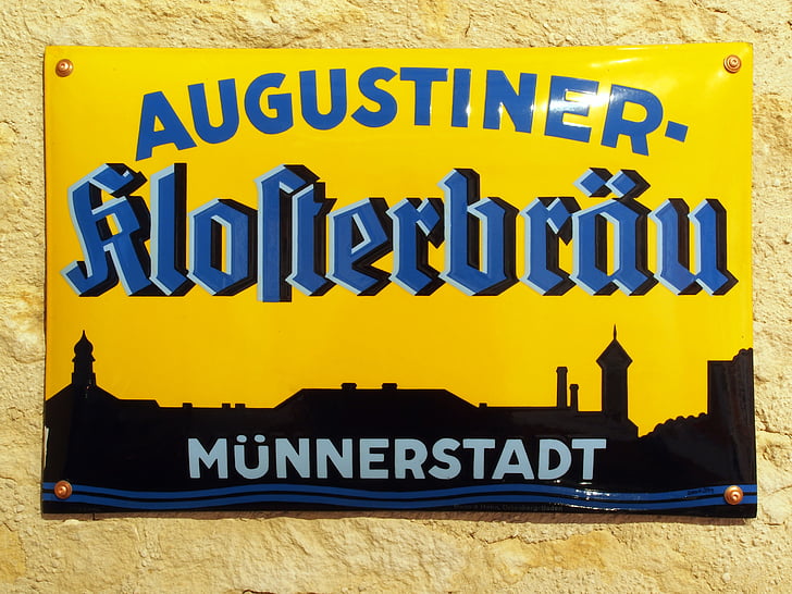 Augustiner klosterbräu, münnerstadt, reklāma, zīme, Emalja, alus, plate
