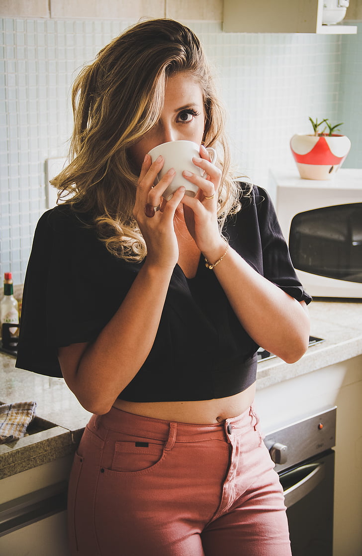 people, woman, girl, sexy, drinking, coffee, kitchen