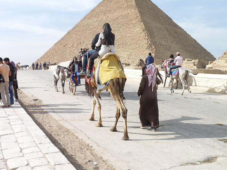 Egypt, pyramidy, přes ulici, velbloud, lidé, Afrika, kultur