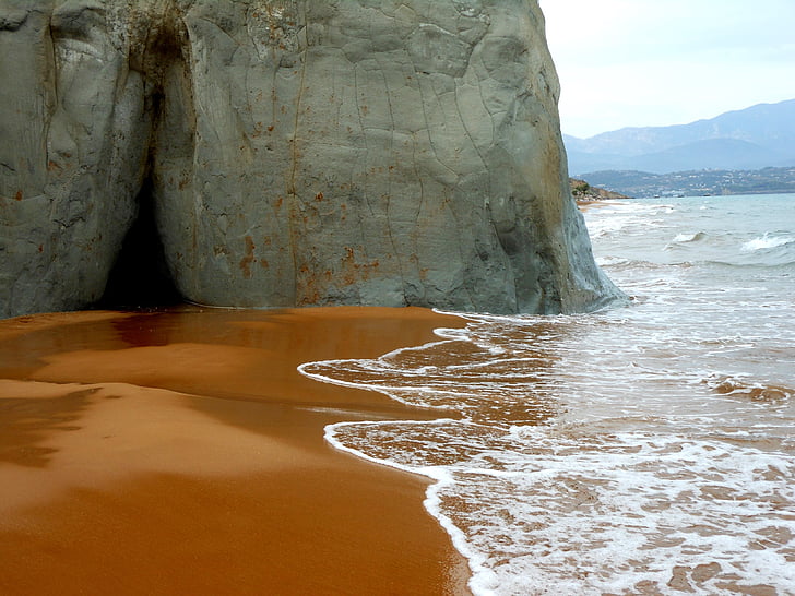 sea, sand, red, cliff, water, beach, greece