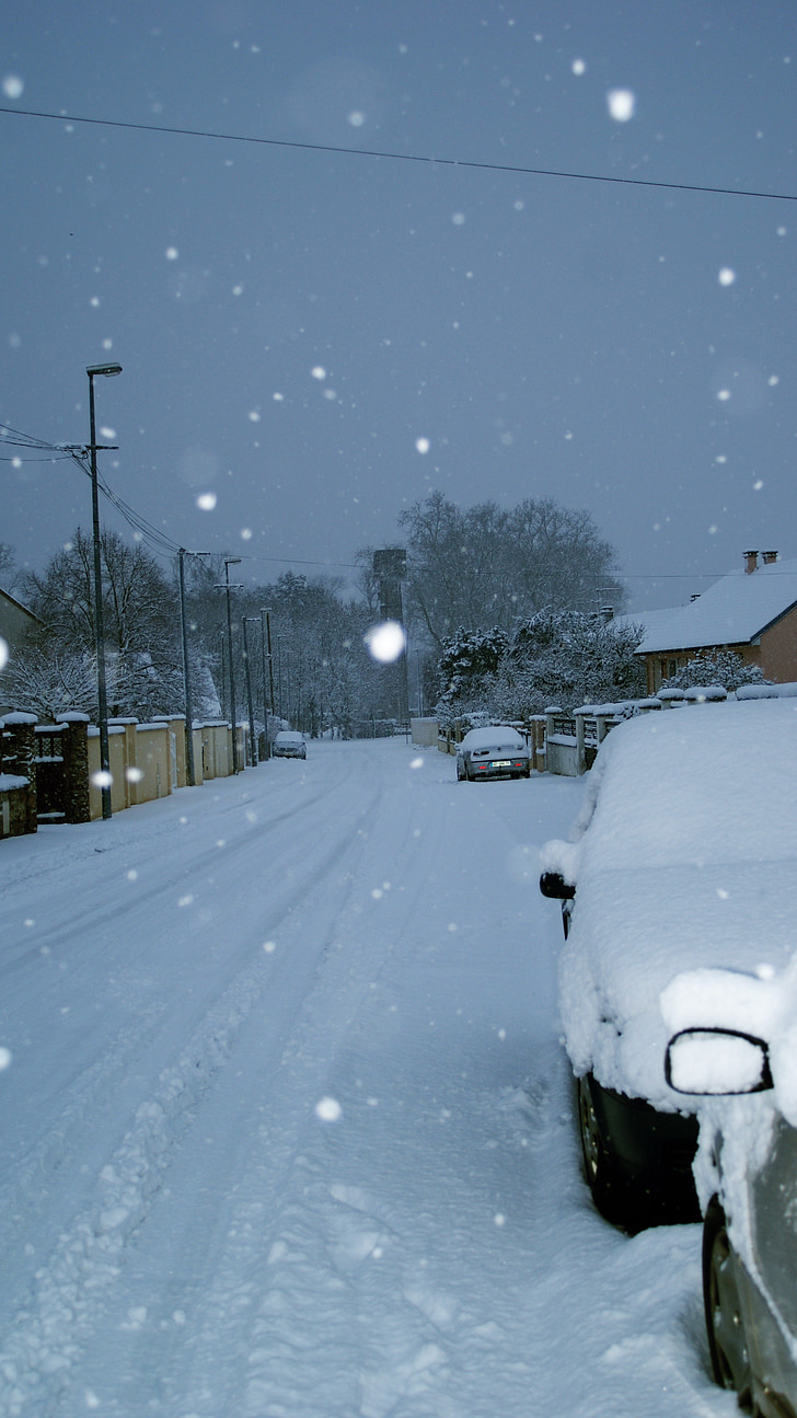 winter, snow, flakes, urban landscape, street, car, cold - Temperature