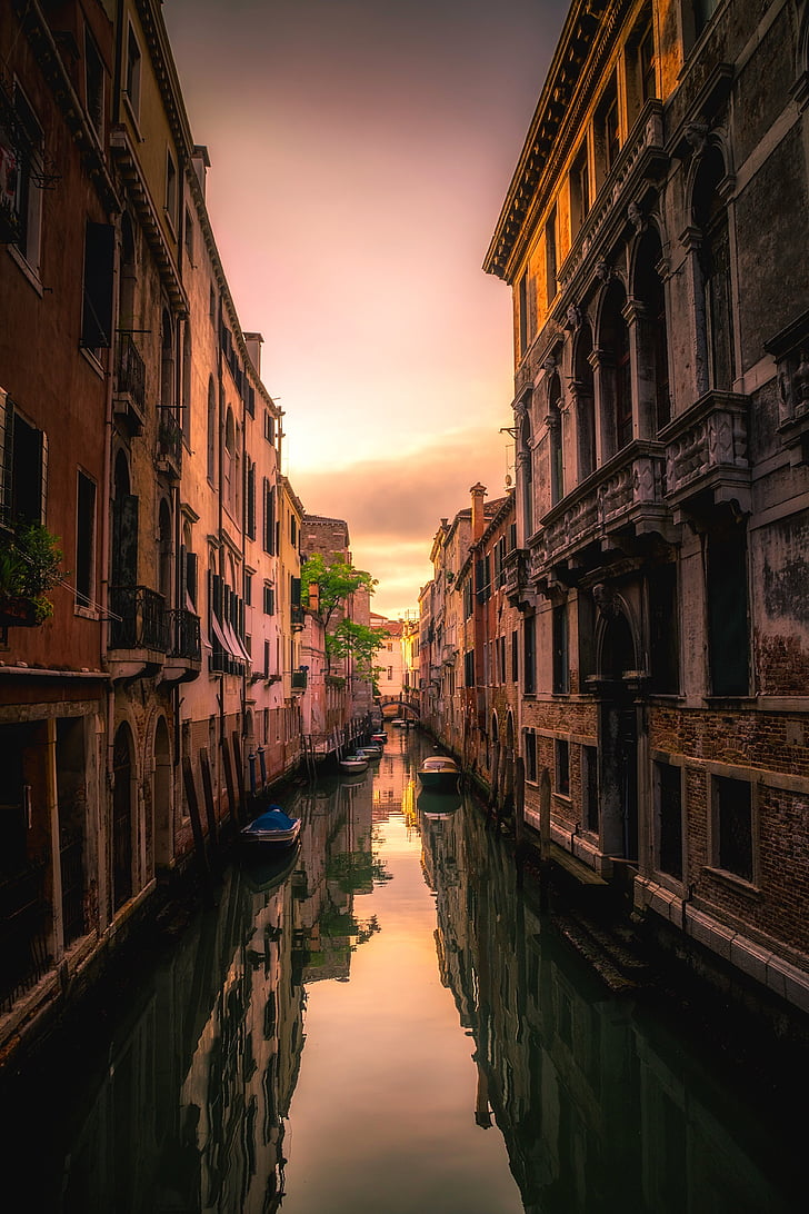 Венеция, Италия, залез, здрач, небе, облаците, канал