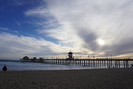 Pier, Huntington beach, spiaggia, California, sera, estate