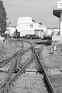 Schienen, Track, Lokomotive, Industriegebiet, Zug, Bahnübergang