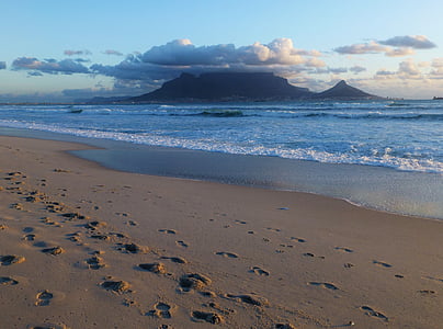 beach, abendstimmung, table mountain, cape town, south africa, footprints, sea