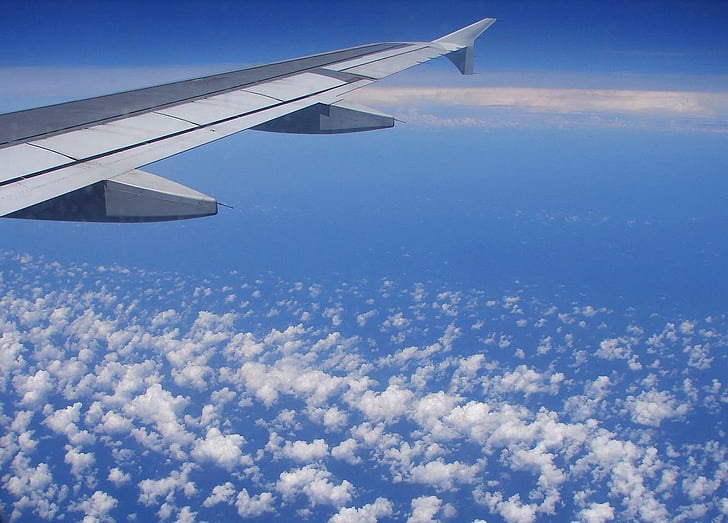 plokštumoje, sparnas, dangus, debesys, lėktuvas, orlaivių, skrydžio