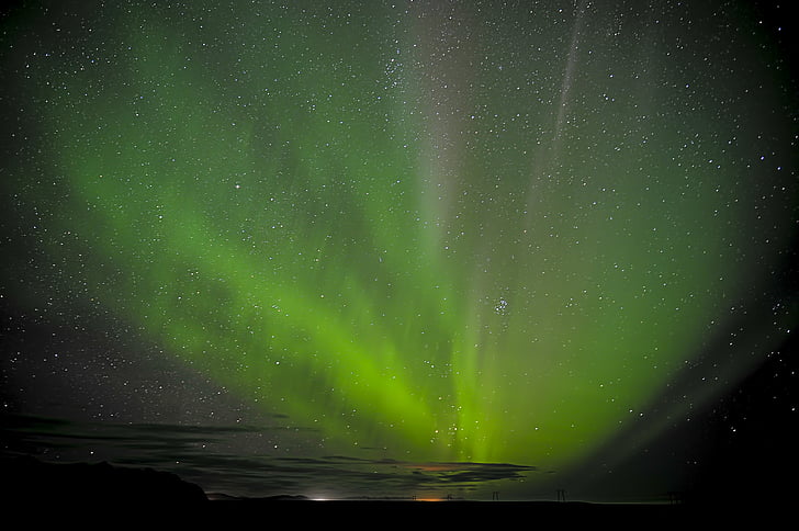 Aurora, borealis, gece, zaman, gökyüzü, yıldız, yeşil renk