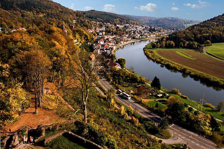 Neckarsteinach, Valle, Neckar, Río, otoño, Alemania, sol