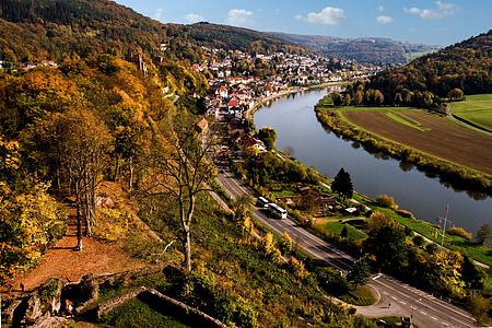 neckarsteinach, Thung lũng, Neckar, sông, mùa thu, Đức, mặt trời