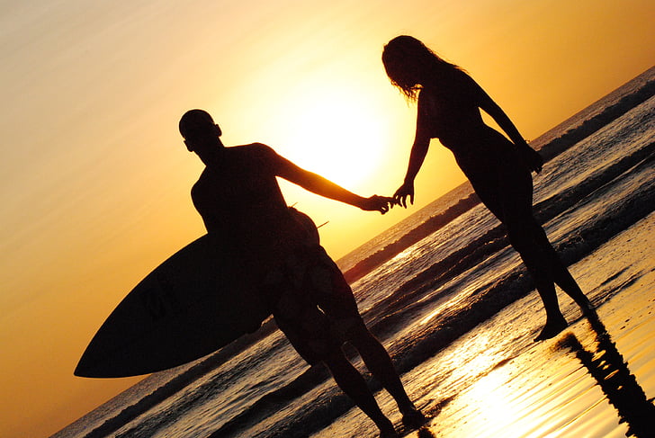 Sunset, Beach, surfing, Surf, bedrift hænder, romantisk, Ocean