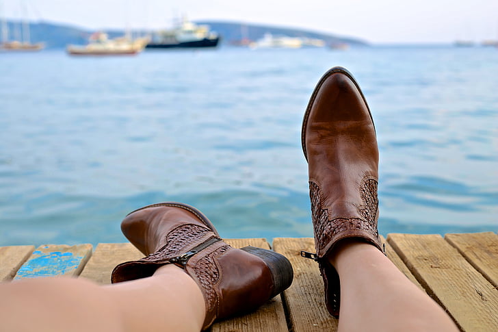 people, woman, boots, leather, brown, dock, wood