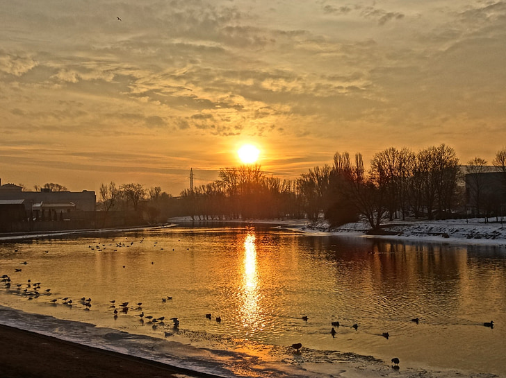 Brda, řeka, Polsko, Západ slunce, večer, voda, reflexe