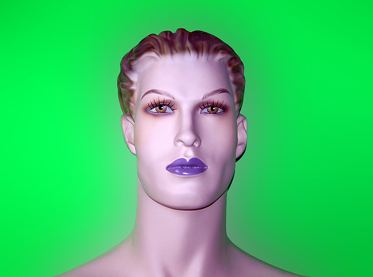 mannequin, dummy, lipstick, eyelashes, human head, artifical human, purple lips
