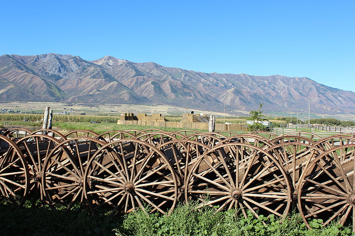 Wagon wheel, boerderij, rustiek, antieke, Vintage, oude, platteland